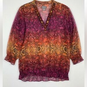 Chico's Ombre Beaded V-Neck Tunic - Purple Pink Orange